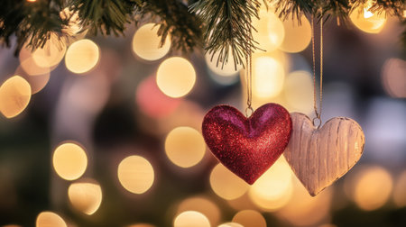 Two beautiful heart ornaments, one sparkling red and one wooden, hang from a Christmas tree amidst warm bokeh lights, evoking feelings of love and festivity.の素材
