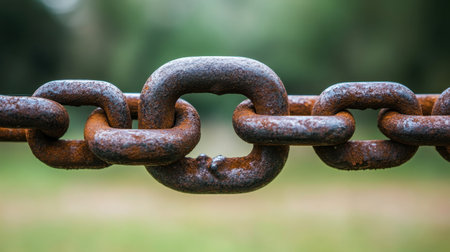 A close-up view of a rusty metal chain link, showcasing textures and colors. The blurred green background adds depth, highlighting the rugged charm of the chain.の素材