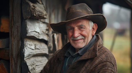 A cheerful elderly man poses with a warm smile in a rustic outdoor setting, showcasing a sense of character and tranquility amid nature's beauty.の素材