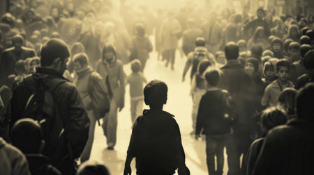 Child lost in a crowded place, looking for help but none aroundの素材