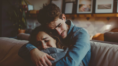 Couple crying together, holding each other tightly on a couchの素材