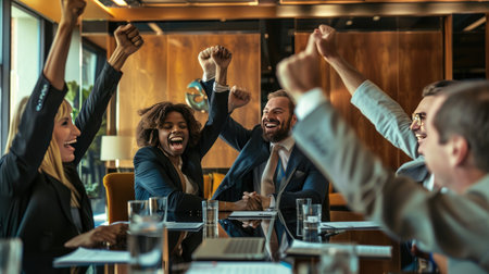 Diverse team of investors celebrating a successful deal in a corporate boardroomの素材