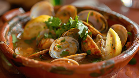 with the clams open and the fragrant sauce glistening, garnished with fresh cilantro and a lemon wedgeの素材
