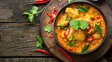 A beautifully plated dish of Phanaeng Curry on a rustic wooden table, garnished with sliced chili peppers and fresh cilantro, ready to be enjoyed --ar 16:9 Job ID: f1a147ca-c775-4c1b-bbc5-4ba50137b910の素材