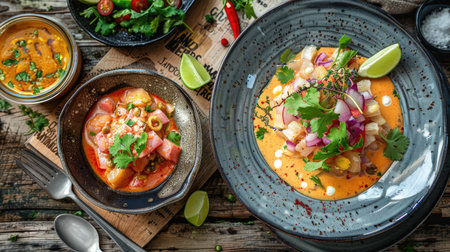 A beautifully plated dish of Phanaeng Curry next to a vibrant ceviche mixto on a rustic wooden table, garnished with herbs and lime wedgesの素材