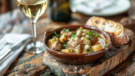 A beautifully plated dish of Pato on a rustic wooden table, with a side of crusty bread and a glass of white wineの素材