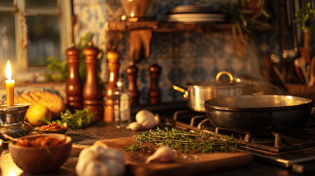 A cozy home kitchen setting with a pot of homemade simmering on the stove, surrounded by fresh ingredients and spicesの素材