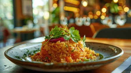 A cozy, dimly lit restaurant setting with a focus on a plate of rice, garnished with fresh cilantro and served with a side of pickled vegetablesの素材
