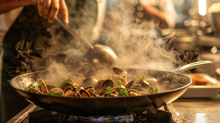 A chef in action, clams with garlic and cilantro in a large pan, the steam rising and the aroma filling the airの素材