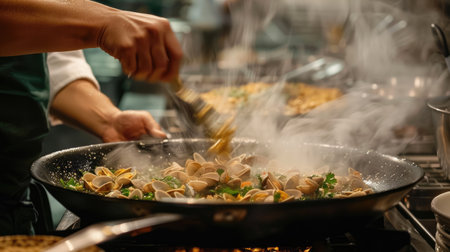 A chef in action, clams with garlic and cilantro in a large pan, the steam rising and the aroma filling the airの素材