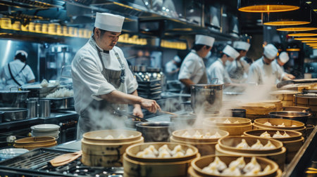 A bustling restaurant kitchen with chefs preparing tangbao, with stacks of bamboo steamers and trays of freshly made dumplings ready for cookingの素材