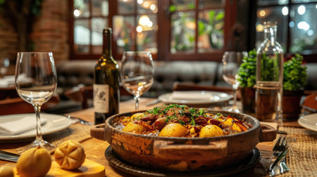 A cozy Portuguese restaurant setting with a table featuring Pato as the centerpiece, surrounded by wine glasses and rustic decorの素材
