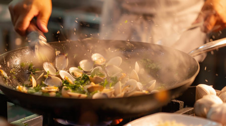 A chef in action, clams with garlic and cilantro in a large pan, the steam rising and the aroma filling the airの素材