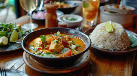 A cozy restaurant table set with Phanaeng Curry and ceviche mixto, capturing the fusion of Thai and Peruvian culinary traditions in one mealの素材
