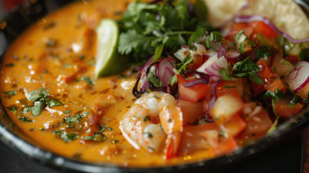 A close-up of Phanaeng Curry and ceviche mixto served side by side, showcasing the creamy curry sauce and the fresh, tangy seafood of the cevicheの素材