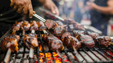 A gourmet food festival with a vendor grilling picanha steaks, attracting a crowd of eager food enthusiasts ready to taste the delicious meatの素材