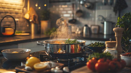 A cozy home kitchen setting with a pot of homemade simmering on the stove, surrounded by fresh ingredients and spicesの素材