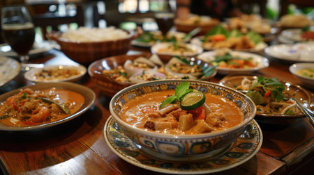 A cozy Thai restaurant table set with a delicious spread, featuring Phanaeng Curry as the star dish, surrounded by other traditional Thai dishes --ar 16:9 Job ID: d3f87c6a-0e03-4048-86d9-478d265cf2e1の素材
