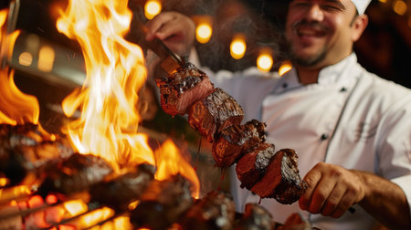 A chef expertly grilling picanha steaks over an open flame, with the meat sizzling and juices dripping, creating a mouthwatering sceneの素材