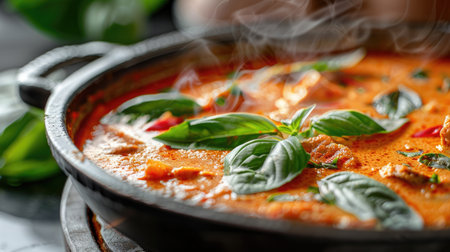 A close-up of a steaming plate of Phanaeng Curry, highlighting the creamy texture and bright red color of the curry sauce, garnished with fresh basil --ar 16:9 Job ID: 31bf255c-3c52-45fa-974c-6aa6a3296799の素材