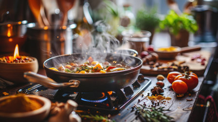 A cozy home kitchen setting with a pot of homemade simmering on the stove, surrounded by fresh ingredients and spicesの素材
