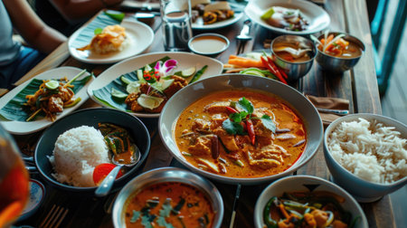 A cozy Thai restaurant table set with a delicious spread, featuring Phanaeng Curry as the star dish, surrounded by other traditional Thai dishes --ar 16:9 Job ID: d3f87c6a-0e03-4048-86d9-478d265cf2e1の素材