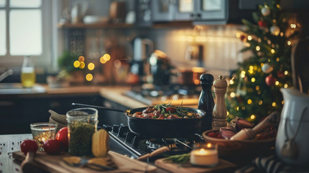 A cozy home kitchen setting with a pot of homemade simmering on the stove, surrounded by fresh ingredients and spicesの素材