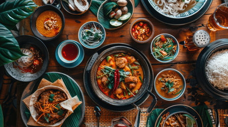 A cozy Thai restaurant table set with a delicious spread, featuring Phanaeng Curry as the star dish, surrounded by other traditional Thai dishes --ar 16:9 Job ID: d3f87c6a-0e03-4048-86d9-478d265cf2e1の素材