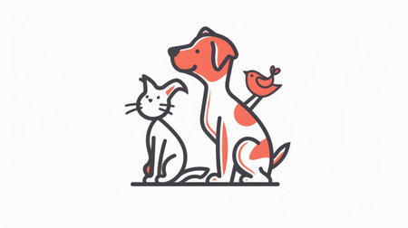A playful pet logo with cartoon-style illustrations of a dog, cat, and bird, all outlined in bold lines on a white backgroundの素材