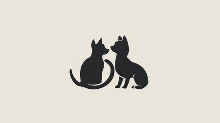 A simple and elegant pet logo featuring a silhouette of a cat and dog intertwined, set against a clean white backgroundの素材