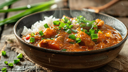 A steaming bowl of traditional Japanese rice with rich, thick curry sauce, garnished with green onions and served on a rustic wooden tableの素材