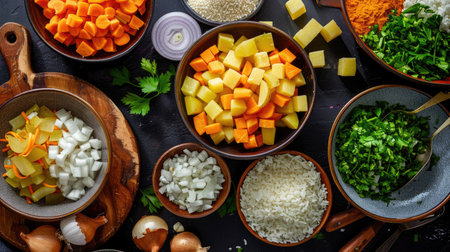 An overhead shot of a kitchen counter with ingredients for both Phanaeng Curry and ceviche mixto: coconut milk, curry paste, fresh seafood, lime, and cilantroの素材