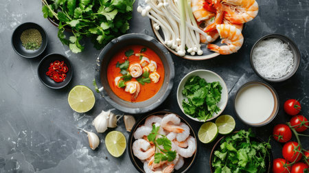 An overhead shot of a kitchen counter with ingredients for both Phanaeng Curry and ceviche mixto: coconut milk, curry paste, fresh seafood, lime, and cilantroの素材