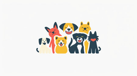 A vibrant pet adoption center logo showing happy dogs and cats, with bold, friendly typography on a white backgroundの素材