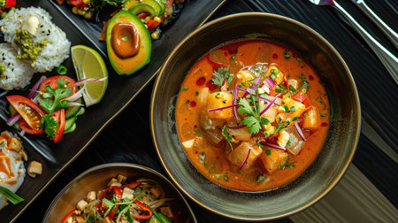 A vibrant spread featuring a bowl of Phanaeng Curry alongside a plate of ceviche mixto, highlighting the contrasting flavors and colors of Thai and Peruvian cuisineの素材