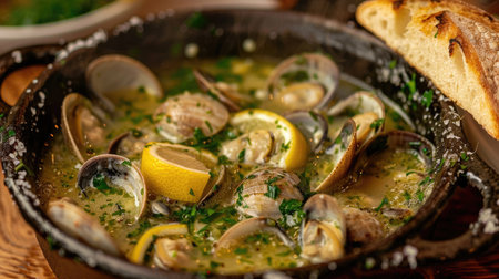 showcasing clams in a garlic and cilantro sauce, served with fresh lemon wedges and crusty breadの素材