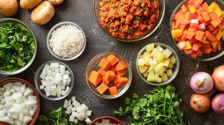 An overhead shot of a kitchen counter with ingredients for both Phanaeng Curry and ceviche mixto: coconut milk, curry paste, fresh seafood, lime, and cilantroの素材