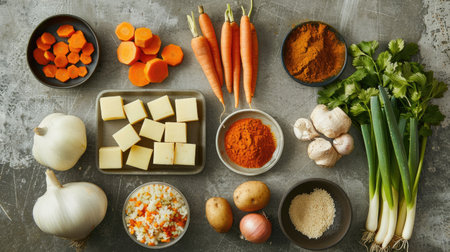 An overhead shot of a kitchen counter with ingredients for both Phanaeng Curry and ceviche mixto: coconut milk, curry paste, fresh seafood, lime, and cilantroの素材