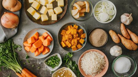 An overhead shot of a kitchen counter with ingredients for both Phanaeng Curry and ceviche mixto: coconut milk, curry paste, fresh seafood, lime, and cilantroの素材