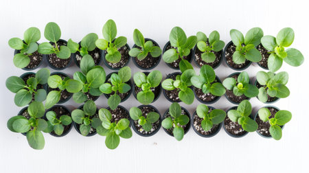 A group of vibrant seedlings growing in small pots, arranged in neat rows, set against a white backgroundの素材