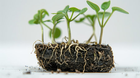 A close-up of a seedling with tiny roots starting to extend into the soil, highlighting early plant growth, on a white backgroundの素材