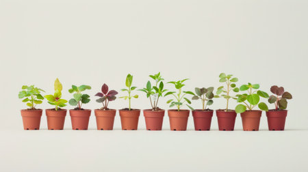 A group of vibrant seedlings growing in small pots, arranged in neat rows, set against a white backgroundの素材