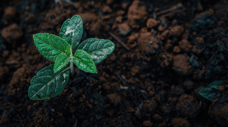A close-up of a small tree sapling growing in rich, dark soil, its tender leaves reaching upwards, symbolizing new growth and potentialの素材