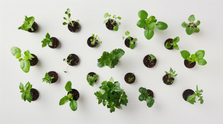 Seedlings arranged in a circular pattern, highlighting growth and renewal, on a white backgroundの素材
