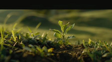 A small tree sprout with delicate green leaves, emerging from fertile ground, representing the beginning of a new life cycleの素材