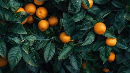 A detailed shot of a single orange tree, showcasing the contrast between the dark green leaves and the bright orange fruitsの素材