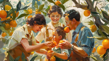 A family picking oranges from a tree, capturing a joyful moment of togetherness and the bounty of natureの素材