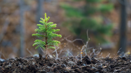 A close-up of a young tree growing in the ground, with its roots firmly planted and new leaves starting to unfurl, against a blurred natural backgroundの素材