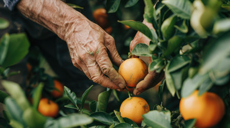 A gardener's hands gently picking a ripe orange from a tree, highlighting the connection between people and natureの素材