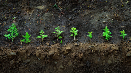 A row of small tree saplings planted in the earth, each at different stages of growth, showcasing a progression from seedling to young treeの素材